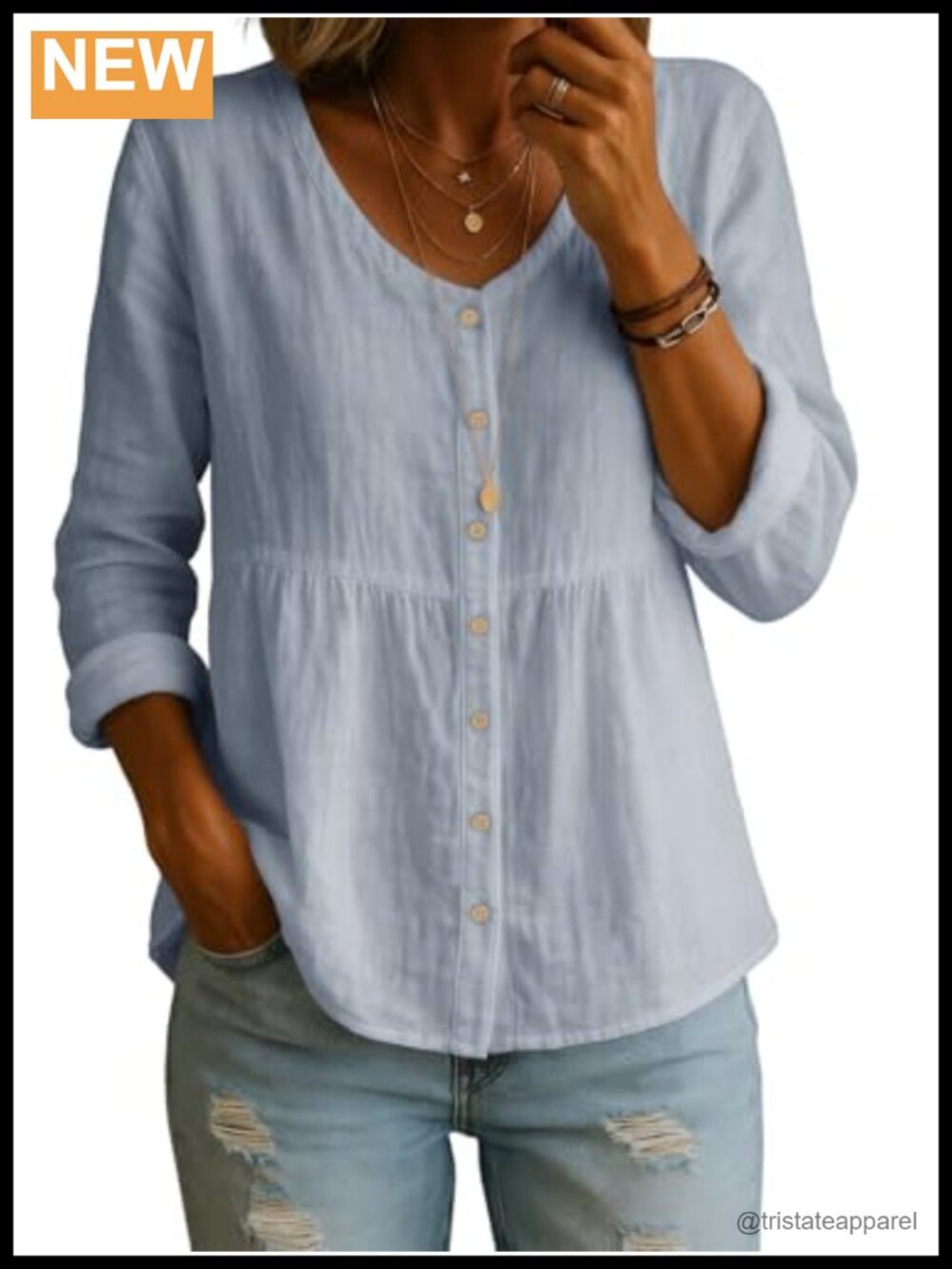 Women's Linen Cotton V-Neck Tunic Top, Roll Up Long Sleeve Button Down Blouse